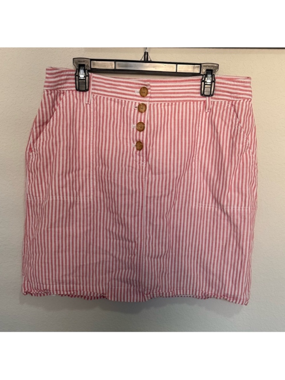 Talbots Linen A-Line Skirt Tailored Pink White Stripes Button-Front Size 14